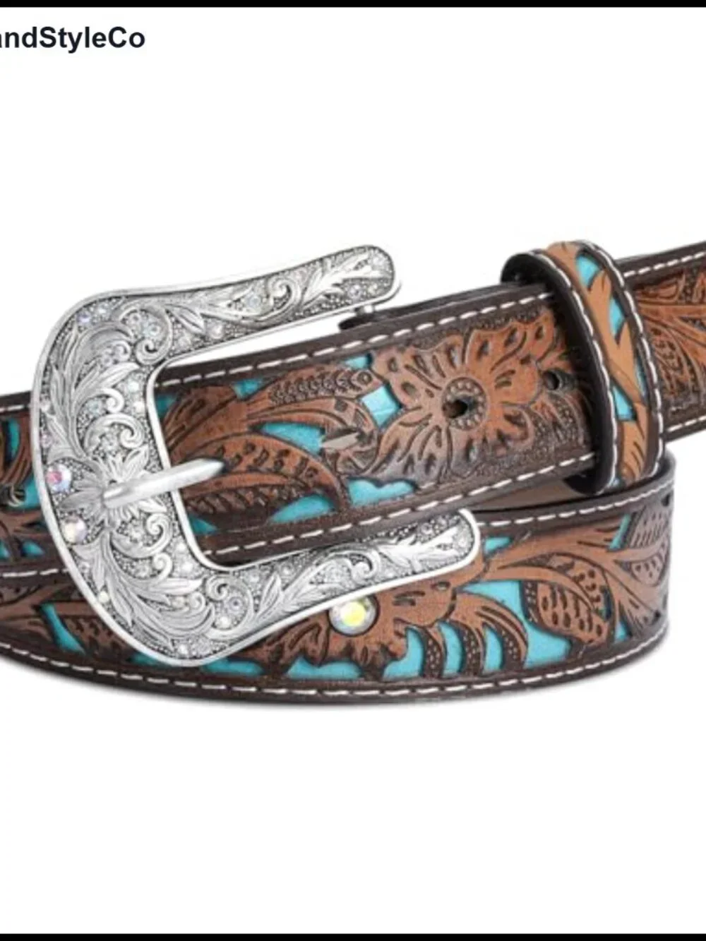 Western Belt Faux Leather Rhinestone Carved Buckle Women Men Cowgirl